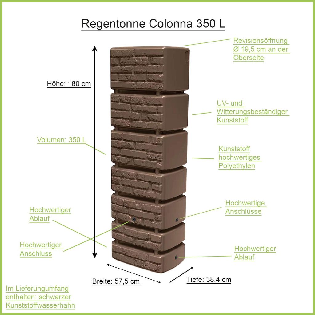 Regentonne eckig COLONNA 350 Liter braun inkl. Hahn Produktbild 