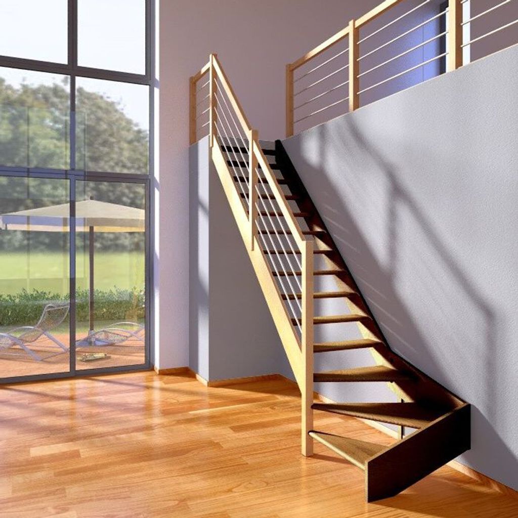 Dolle Raumspartreppe Paris ohne Setzstufen Eiche versiegelt Treppenlauf 1/4 gewendelt unten links Edelstahlrohre