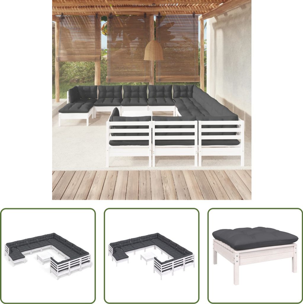 The Living Store 13-tlg. Garten-Lounge-Set mit Kissen Weiß Kiefernholz