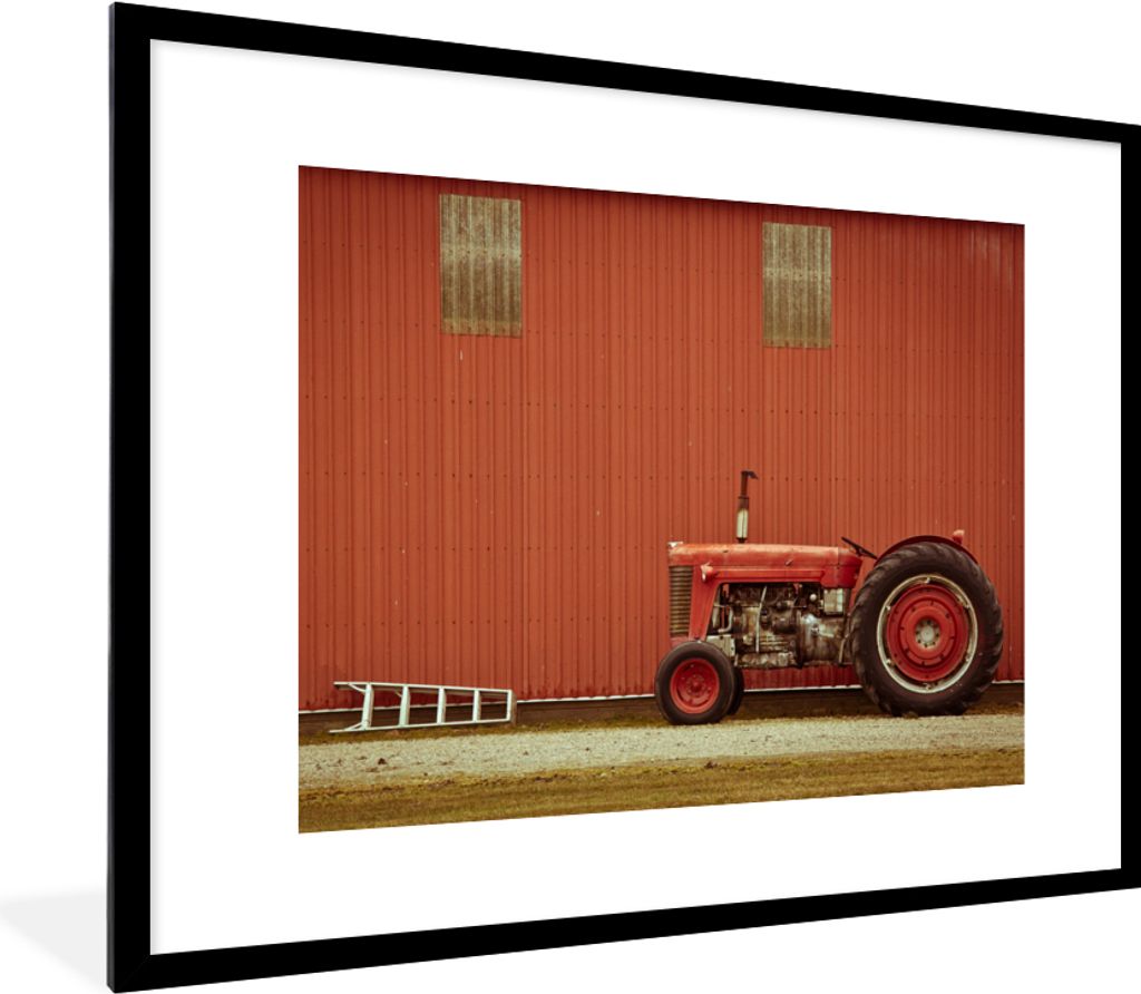 MuchoWow Gerahmtes Poster Traktor - Scheune - Rot - Bauernhof 80x60 cm - Poster mit Schwarzem Bilderrahmen Wandposter Rahmen Foto Bilder - Schlaf...