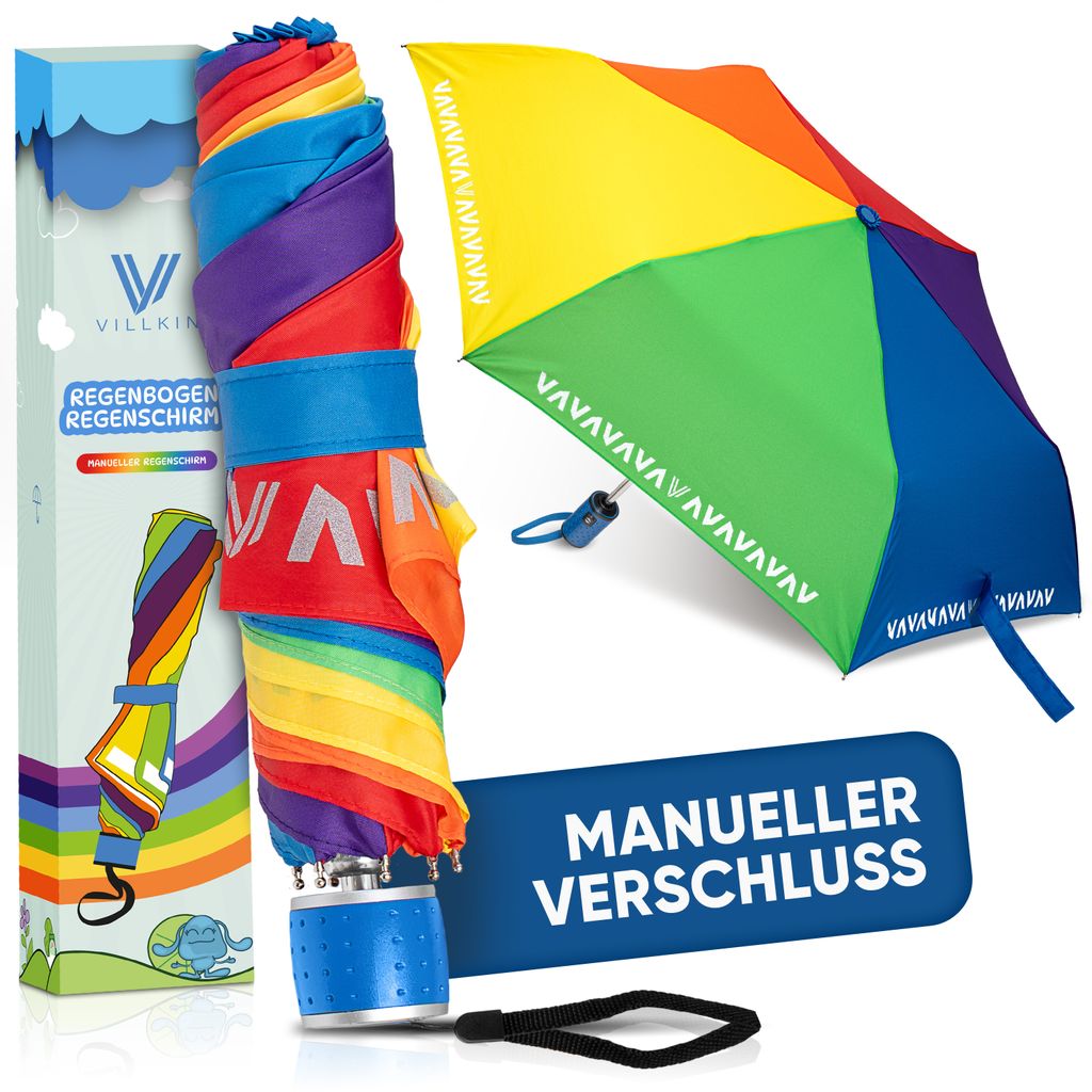 Villkin Kinder Regenschirm Regenbogen mit Reflexstreifen– sturmfest mit manueller Öffnung, robust und hochwertig - 97cm breiter Taschenregenschirm