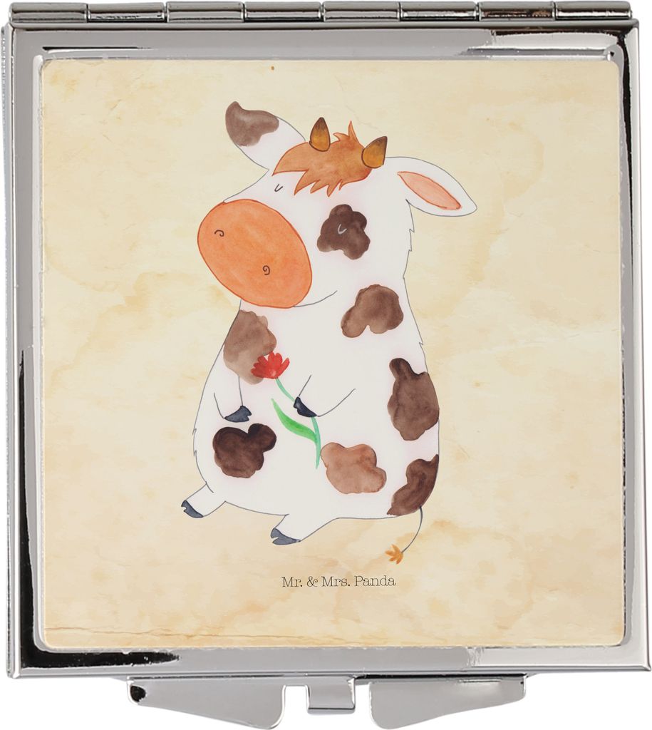 Mr. & Mrs. Panda Handspiegel Kuh - Vintage - Geschenk, Schminkspiegel klein, Milchkuh, Träume, Milch, Hof, Quadratischer Spiegel, Spruch, Kosmetik...