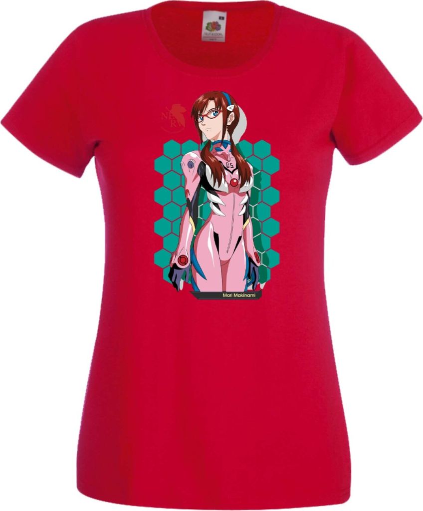 Damen T-Shirt Anime Manga Neon Anime Genesis Manga Evangelion Mari Illustrious Makinami Maria Iscariot Maria Iscariot, Lady 2XL / Hellrosa