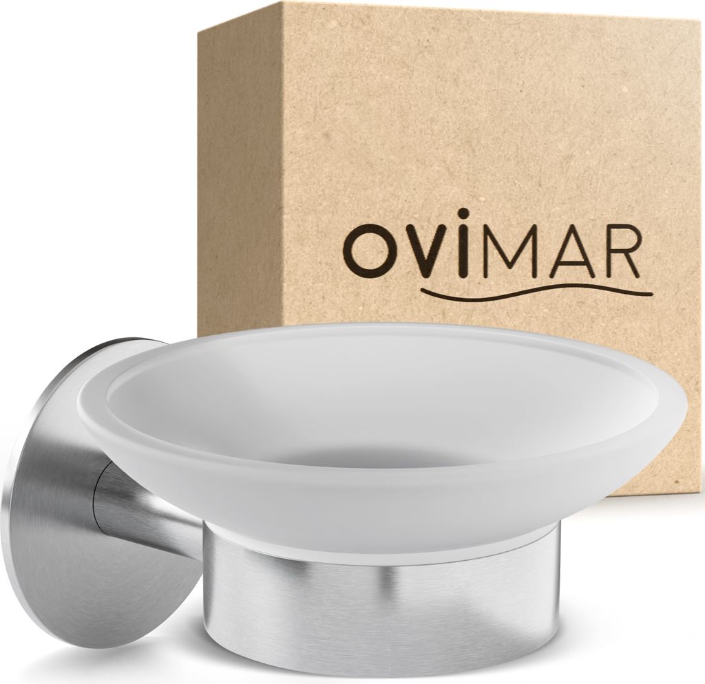 ovimar Seifenschale Kronborg | mit Halter für die Wandmontage | Edelstahl | silber | ohne Bohren | herausnehmbares Glas | für Bad oder Küche
