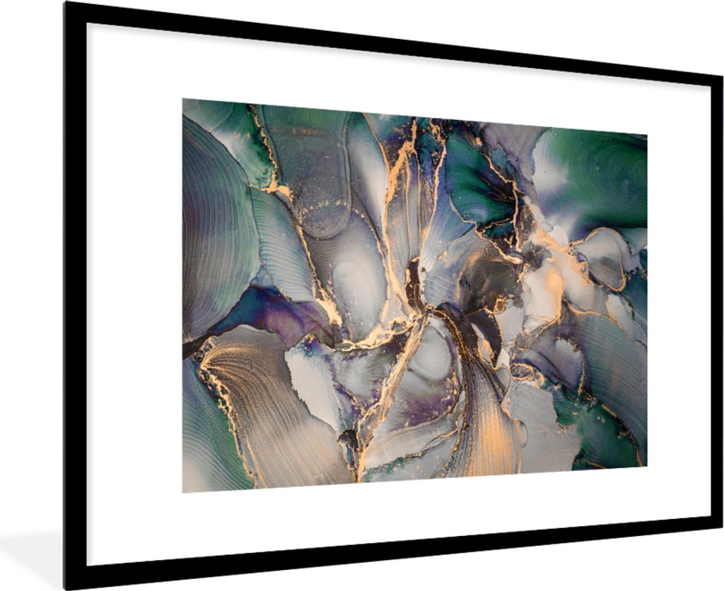 MuchoWow Gerahmtes Poster Gold - Blau - Marmor 90x60 cm - Poster mit Schwarzem Bilderrahmen Wandposter Rahmen Foto Bilder - Wanddekoration - Fotos