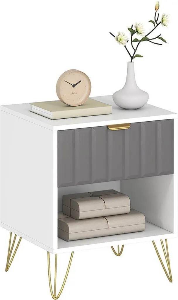 Table de chevet design en acier noir, poignée ergonomique et pied métal