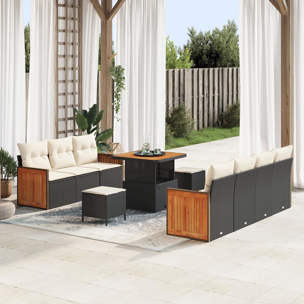 10-teiliges Garten Sofa Set mit Kissen Schwarzes Poly Rattan Akazie, Design Gartensofas Neu