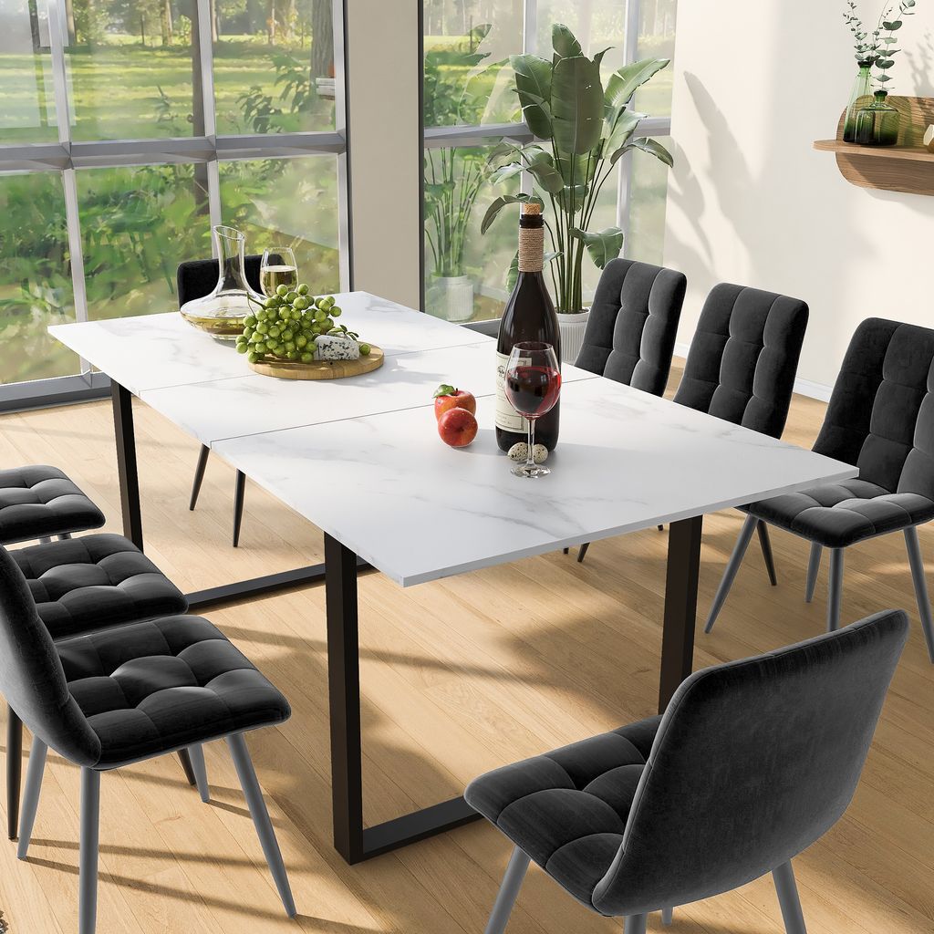 Sweiko Essgruppe,(Set,140/180×80×75cm Esstisch mit 8 Stühlen), Moderner Küchentisch Set ,Esszimmerstuhl aus grauem Samt ,MDF Tischplatte in Wei...