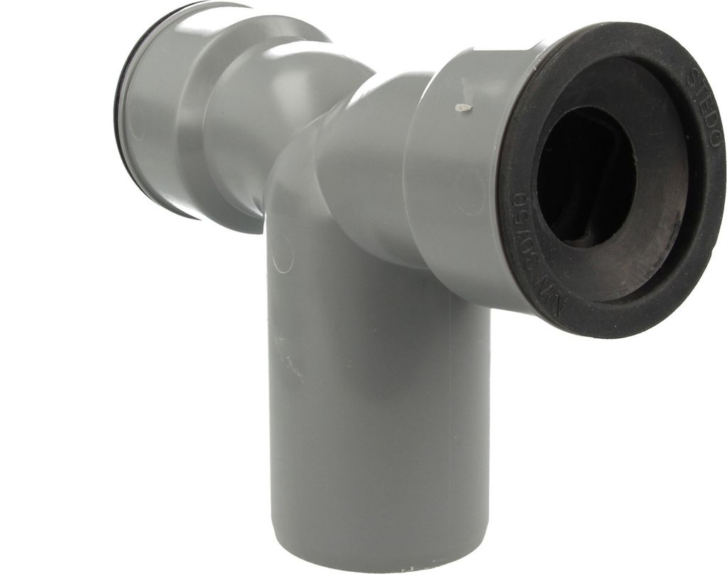 A 3-way pipe fitting with rubber seals.