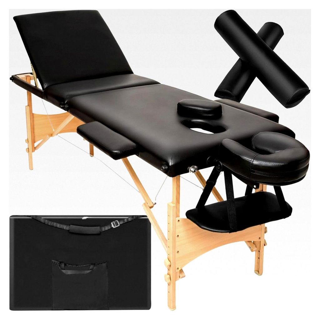 3-Zonen Massageliege, belastbar bis 250 kg, mobile Massagebank, Set mit Zubehör, Polsterung, Rollen, Holzgestell, Tragetasche, als Kosmetikstuhl, ...