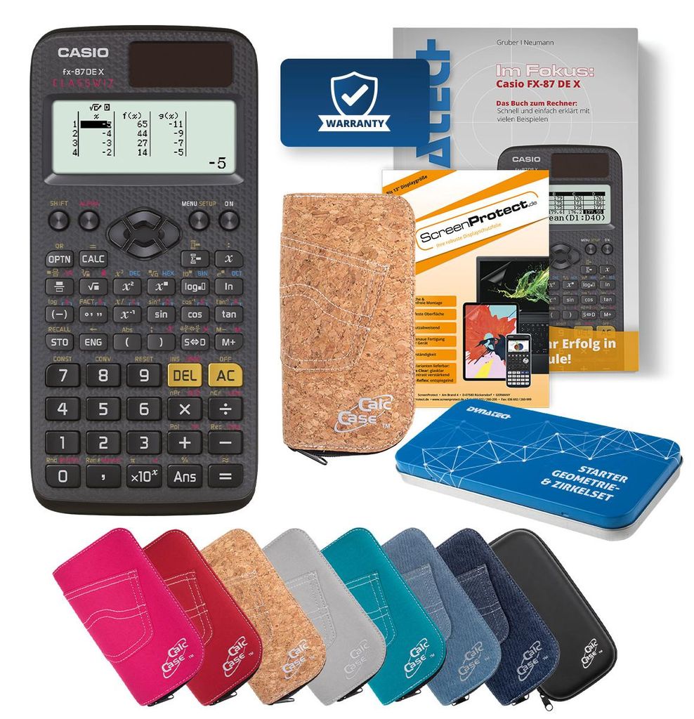 Casio FX-87 DE X Taschenrechner Tasche kork, Folie, Fachbuch & Zirkel Set