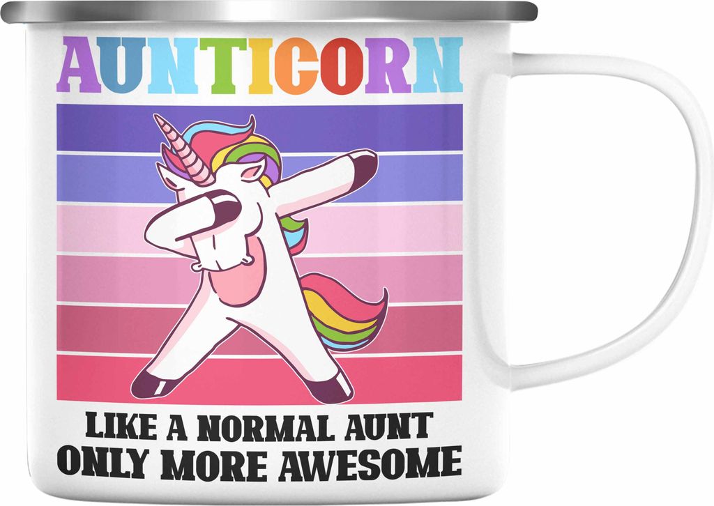 Trendation - Tante Geschenk Emaille Tasse Lustiger Spruch Aunticorn Geschenkidee für Beste Tante (Silber)