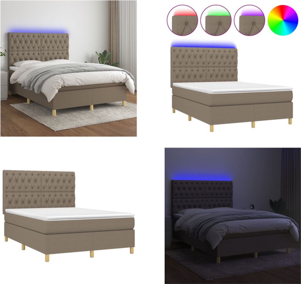 vidaXL Boxspringbett mit Matratze & LED Taupe 140x200 cm Stoff - Boxspringbett - Boxspringbetten - Bett - Schlafzimmermöbel