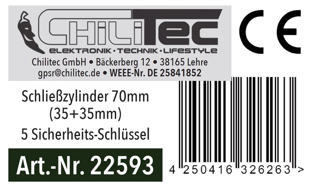 ChiliTec Schließzylinder Türzylinder 35/35mm, erhöhte Produktbild 