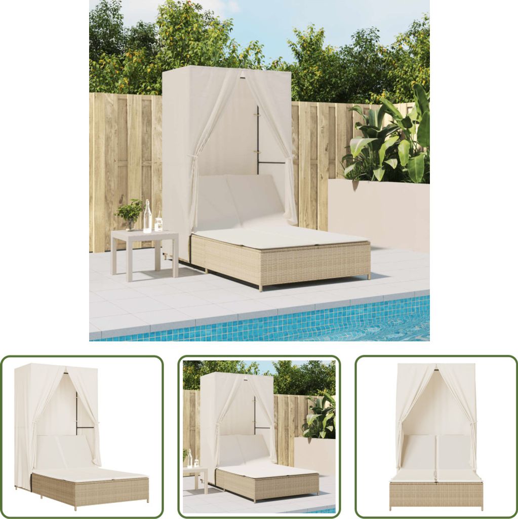 The Living Store Doppel-Sonnenliege mit Dach und Vorhängen Beige Poly Rattan