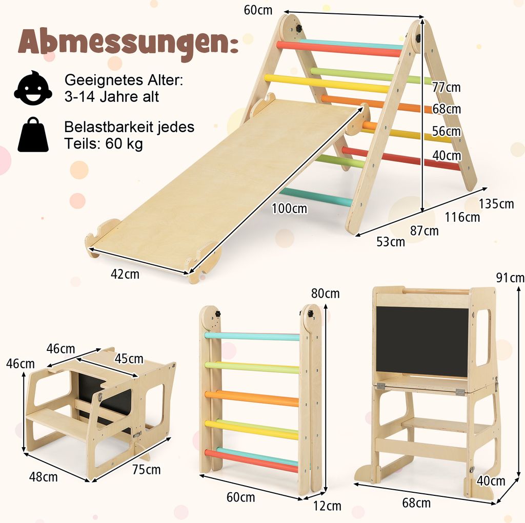 COSTWAY Kletterdreieck Mit Kletterfelsen - Holz Klettergerüst Für Kinder 3-8 Jahre