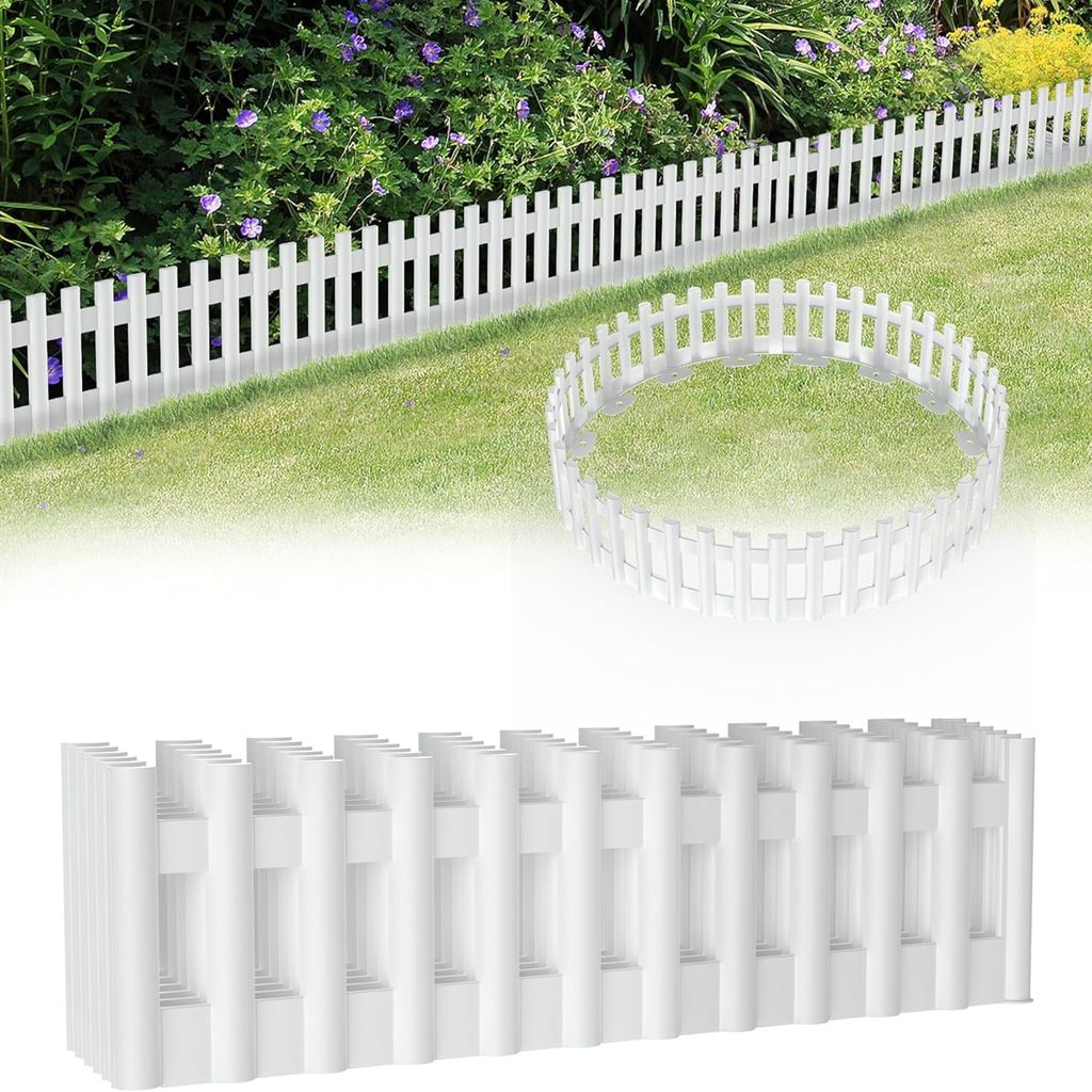 YUENFONG 516cm Holzoptik Rasenkanten Kunststoff Beeteinfassung Beetumrandung in Holzimitation Mähkante 12 stücke Palisaden Gartenzaun, Weiß(Elem...