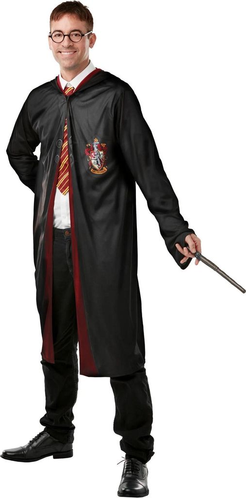 A man wearing a Harry Potter Gryffindor costume, holding a wand.