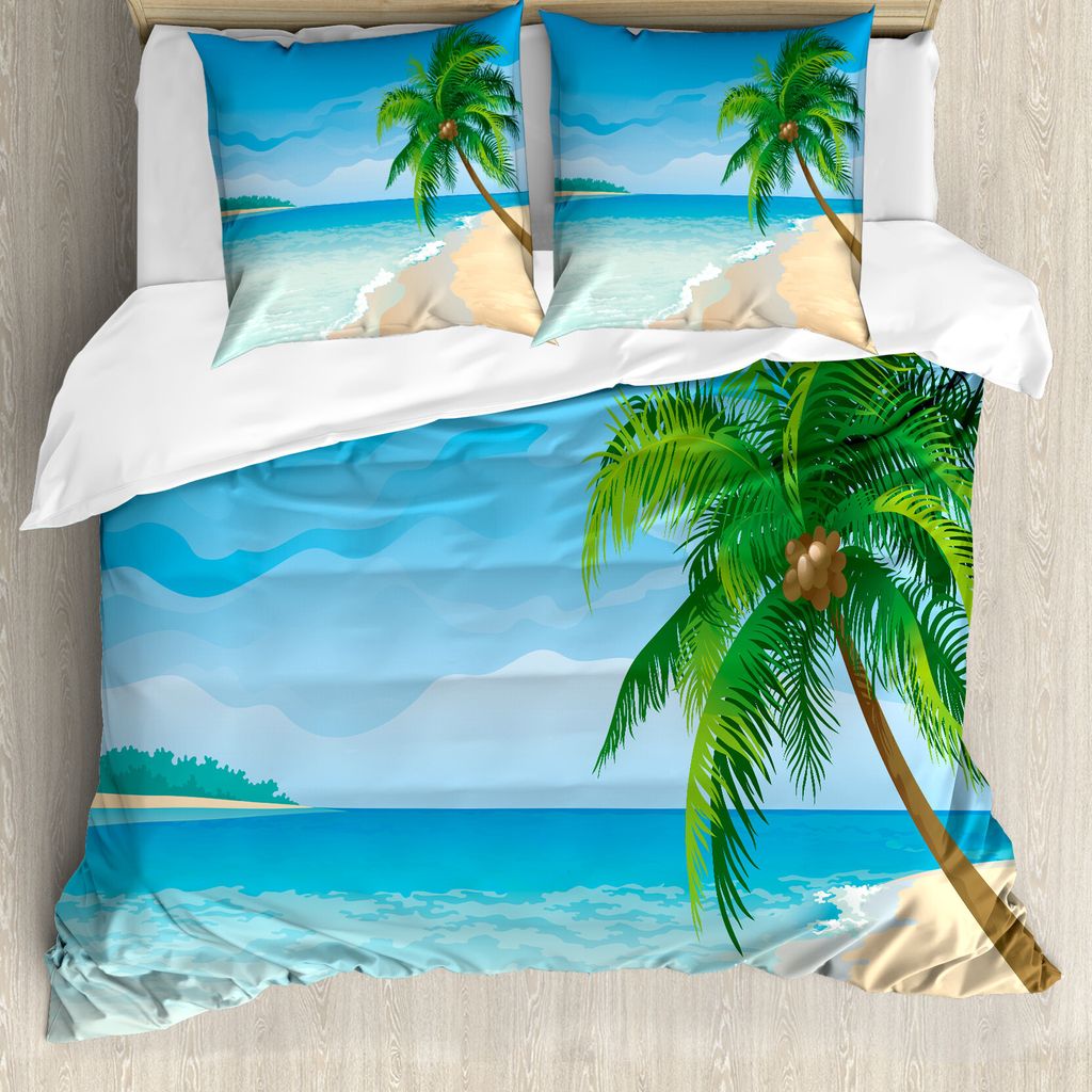 ABAKUHAUS Grafik-Strand Bettbezug Set für Einzelbetten, Palme Ruhe Ozean, Milbensicher Allergiker geeignet mit Kissenbezug, 155 cm x 220 cm - 80 x...