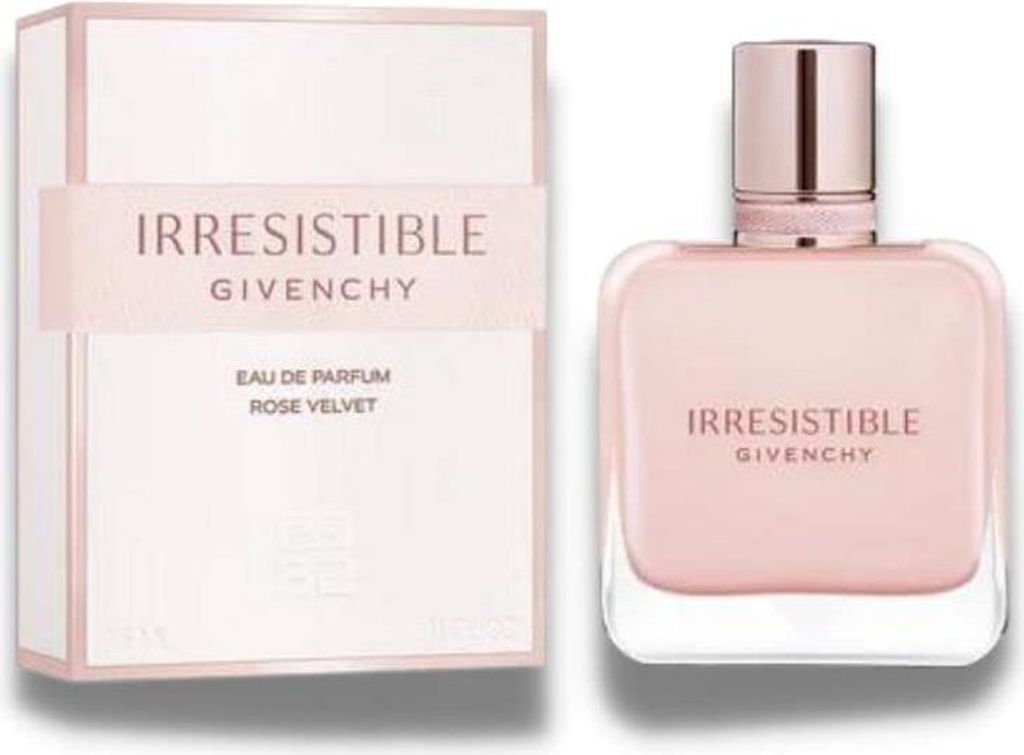 A box of Givenchy Irresistible Rose Velvet Eau de Parfum is shown next to the perfume bottle.