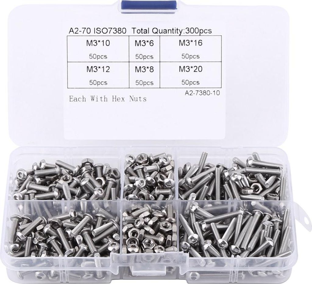 300pcs M3 Edelstahl Button Head Socket Schrauben Sortiment Kit mit Muttern