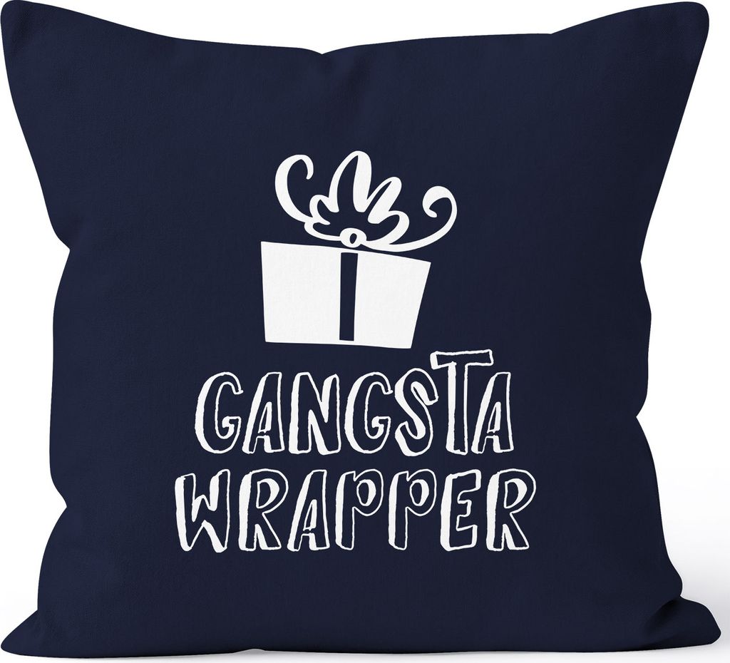 Kissenbezug Weihnachten Gangsta Wrapper Tasse lustig Geschenk Einpacker Kissen-Hülle Deko-Kissen Baumwolle MoonWorks navy 40cm x 40cm