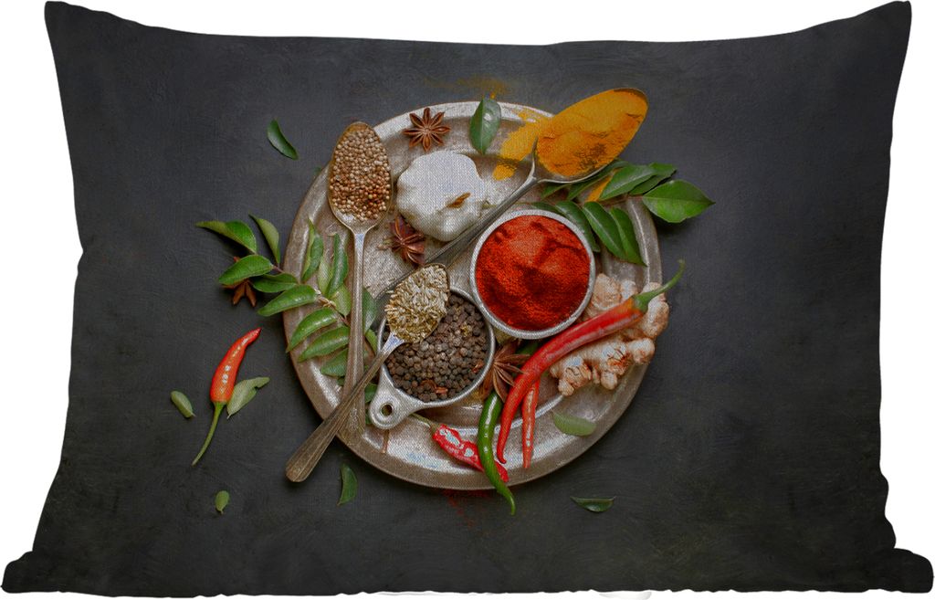 MuchoWow Outdoor Kissen - Gewürze - Teller - Pfeffer - Schwarz - Löffel - Silber - 60x40 cm - Wetterfest - Lounge Kissen - Zierkissen - Kissen ...