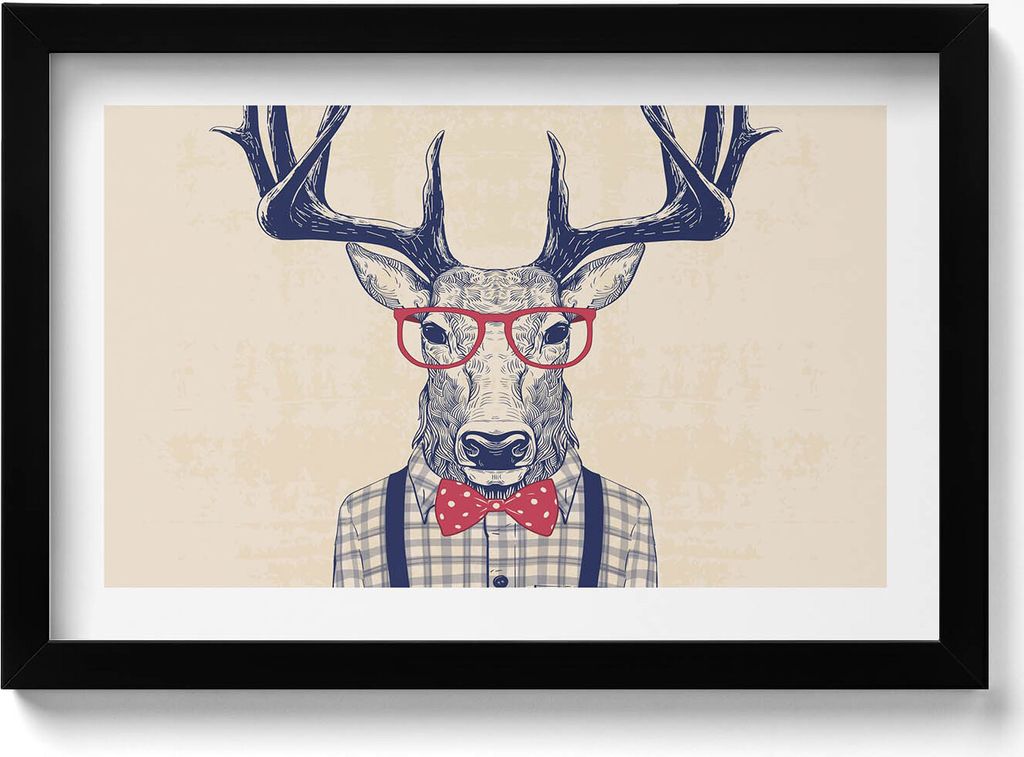 Hirsch in Hemd und Jazzschleife– Wandbild mit Rahmen – Gerahmtes Bild – Wanddekoration – 30x20 cm – Schwarz Rahmen
