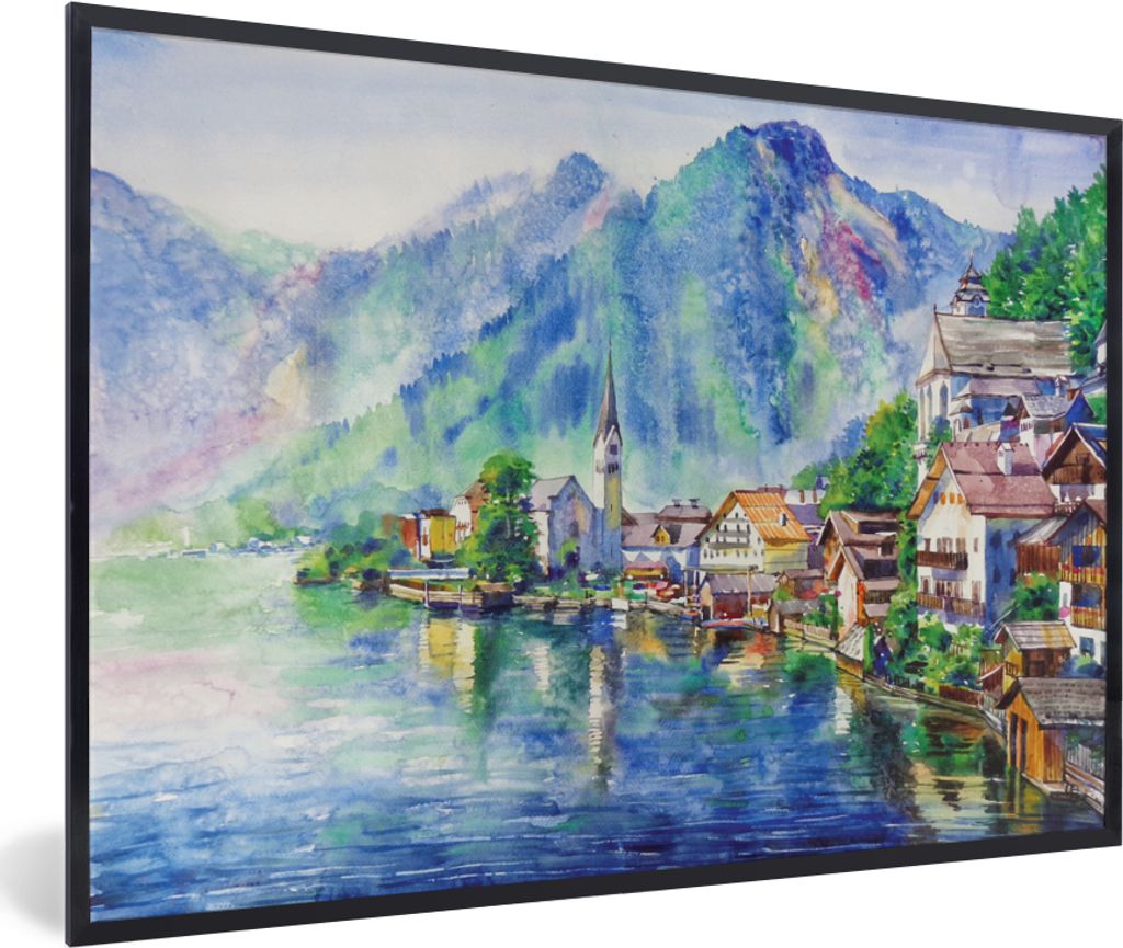 MuchoWow Gerahmtes Poster Gemälde - Ölfarbe - Haus - Berge - Wasser 90x60 cm - Poster mit Schwarzem Bilderrahmen Wandposter Rahmen Foto Bilder ...