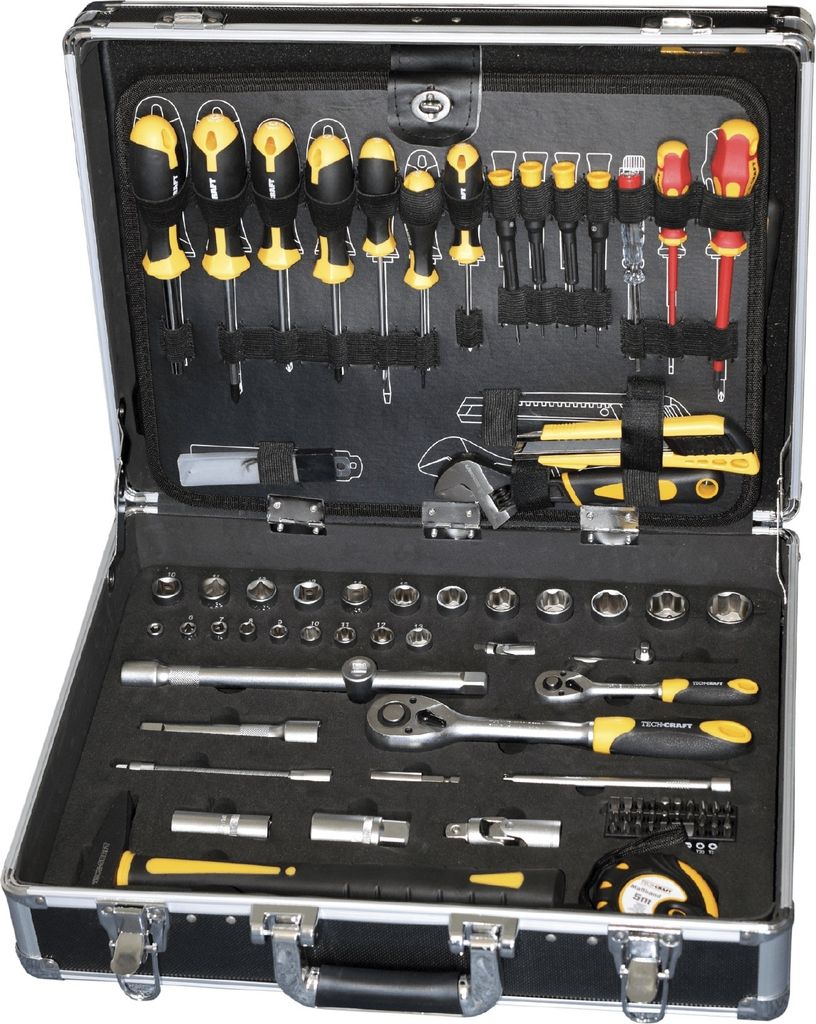 An open tool case filled with various tools.