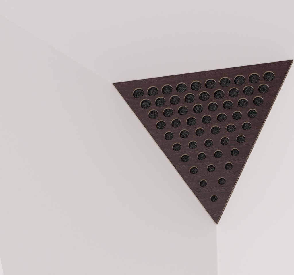2-Stück Decken-Eck-Bassfalle «Triangle-ROUNDS» Akustikschaumstoff mit perforierter laminierter HDF-Platte | 42x42x42cm | Dreieckige Pyramiden-Ba...
