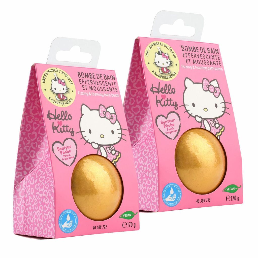 2x Home-Flair Hello Kitty Badebombe - große Badekugel - Gold 170g Schaum-Effekt - VEGAN - mit Überraschungsanhänger