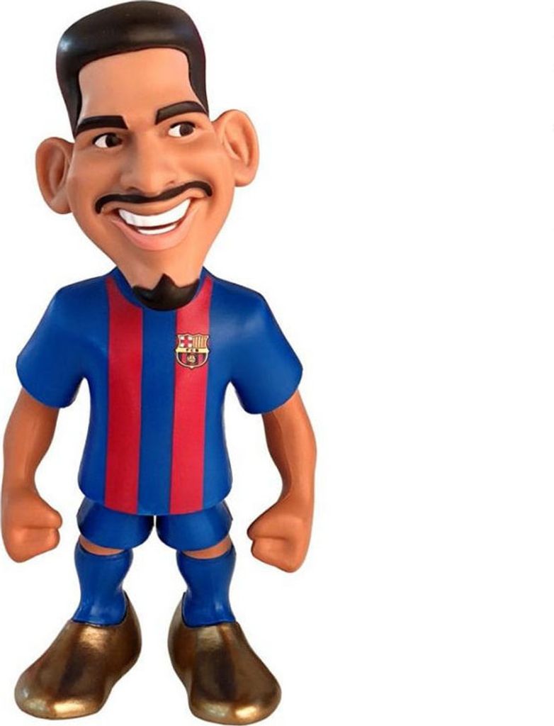A cartoon-like figurine of a soccer player in a Barcelona FC uniform.