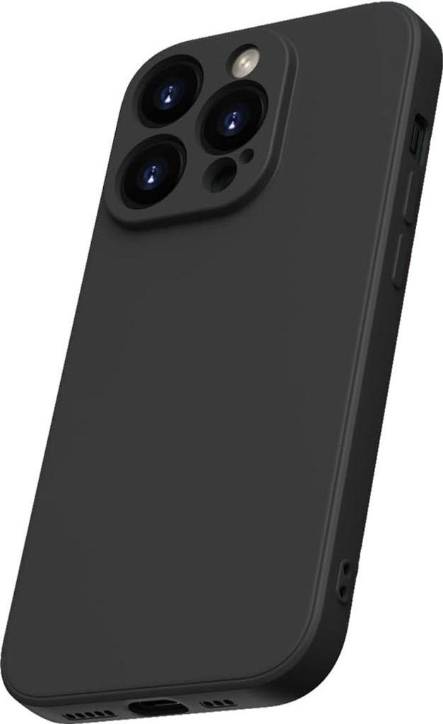 A black smartphone case is shown from a diagonal angle.