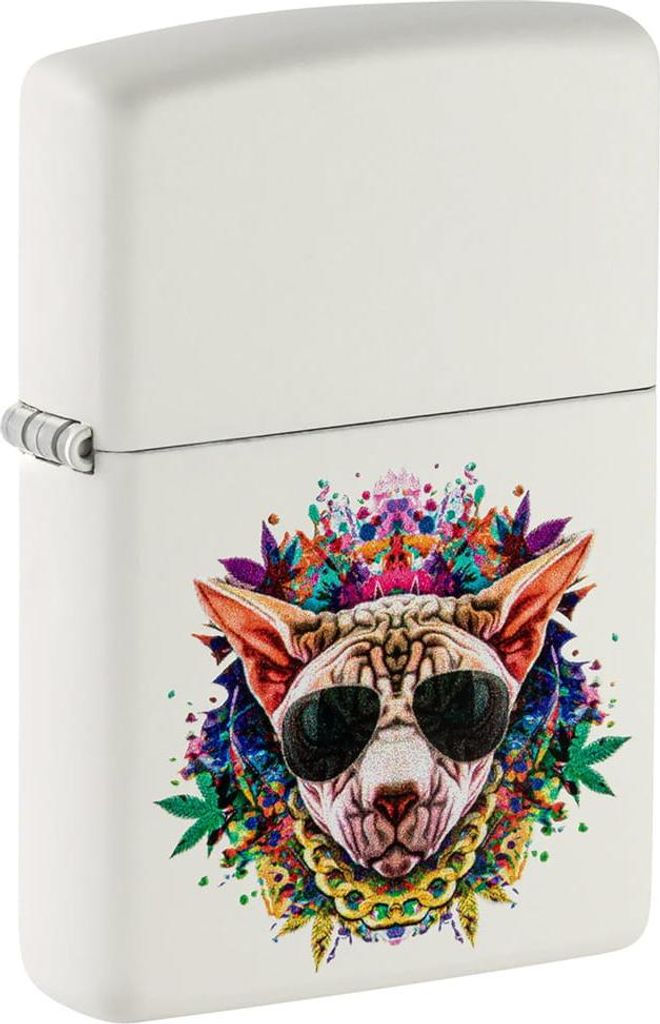 Zippo Benzinfeuerzeug Weiß Matte - Künstlerische Katze Motiv - Windfest - Lebenslange Hilfe