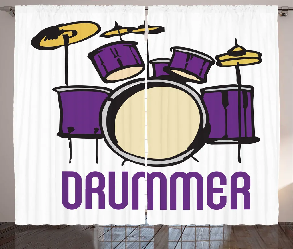 Rideau Motif Percussion avec Ruban Universel 280x225 cm Violet et Moutarde