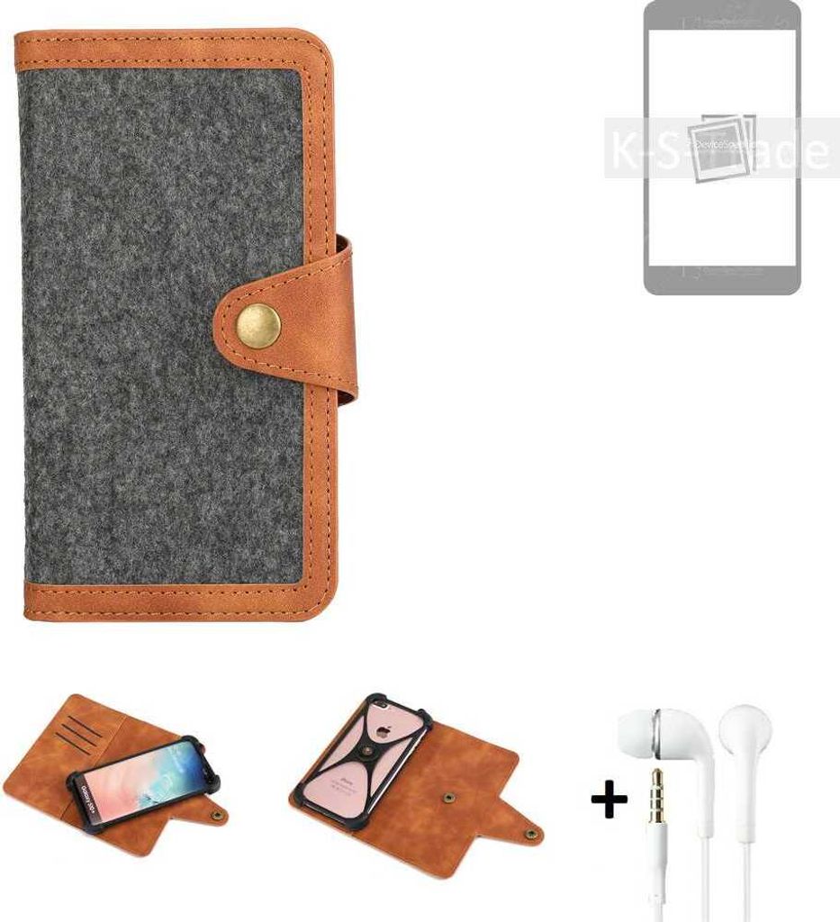 K-S-Trade Handyhülle + Kopfhörer kompatibel mit Samsung Galaxy S23+ Schutzhülle Filzhülle Kunstleder dunkelgrau braun (1x)