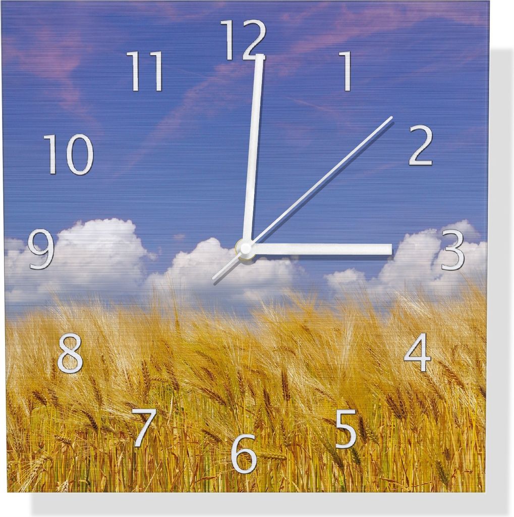 Wallario Design Wanduhr Kornfeld unter blauem Himmel aus Aluverbund, Größe 30 x 30 cm