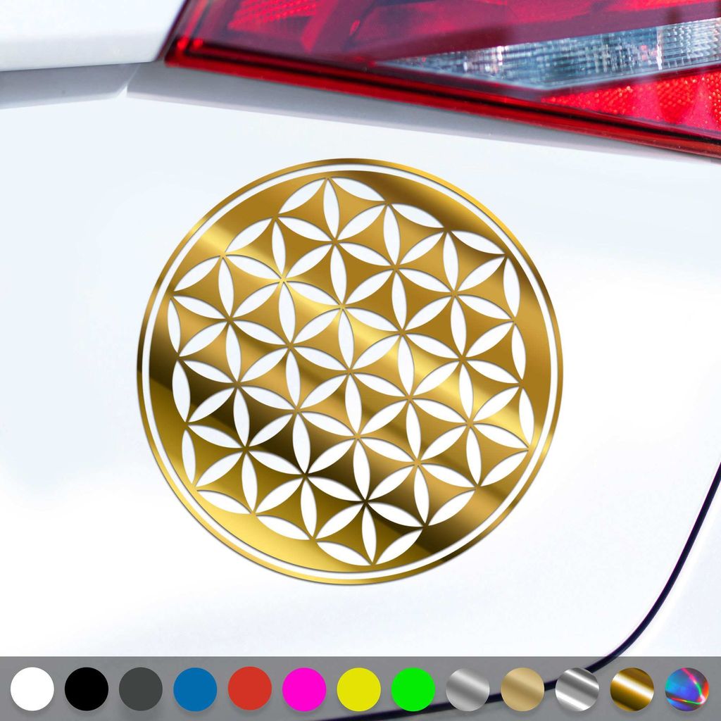 PantherPixel Blume des Lebens Aufkleber Yoga Mandala Lebensblume Sticker Auto Geschenkidee Farbe Chrom-Gold