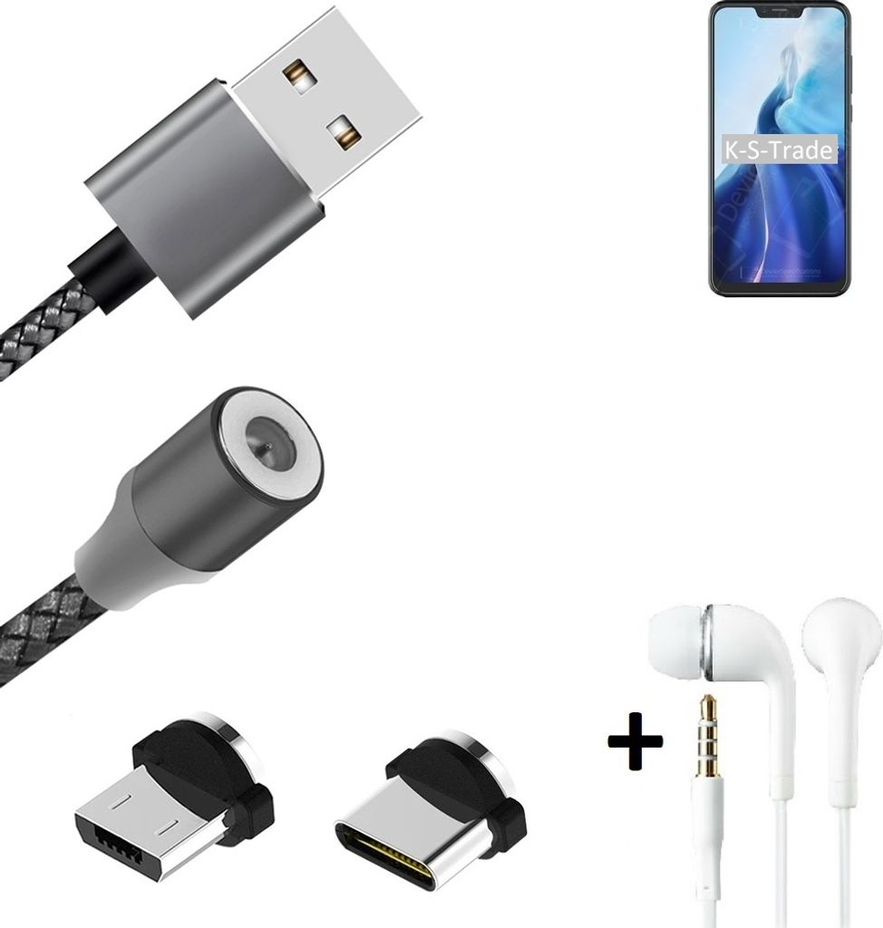 K-S-Trade Hochwertiges Magnet-Lade-kabel Sync-Kabel Daten-Kabel + Kopfhörer kompatibel mit Cubot C20 mit USB-Typ-C-Anschluss und