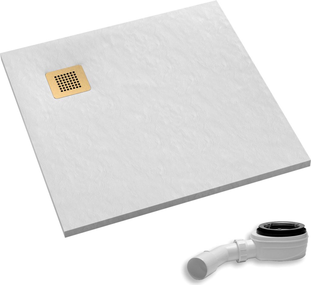 AQUABAD Duschwanne/Duschtasse Palast mit LeakProtect Technologie White Stone 90x90cm Quadrat - Blende: gebürstetes Gold | inkl. Ablaufgarnitur/Siphon
