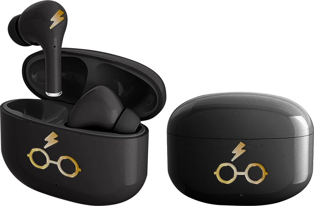 A pair of black wireless earbuds with gold lightning bolt and glasses accents, shown in their open charging case and closed charging case.