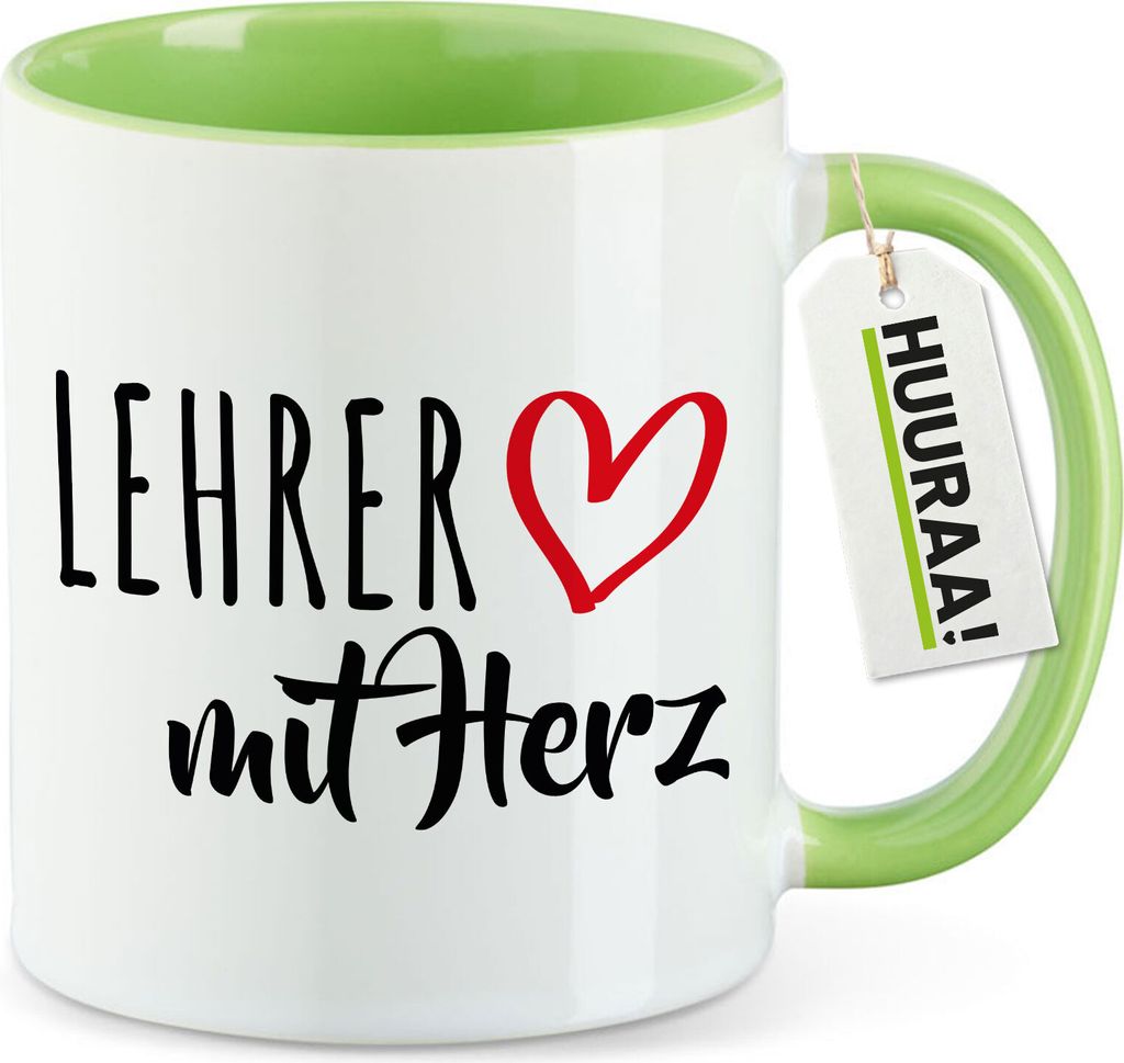 Huuraa Kaffeetasse Lehrer mit Herz 330ml Grün Keramik Kaffeebecher Geschenkidee