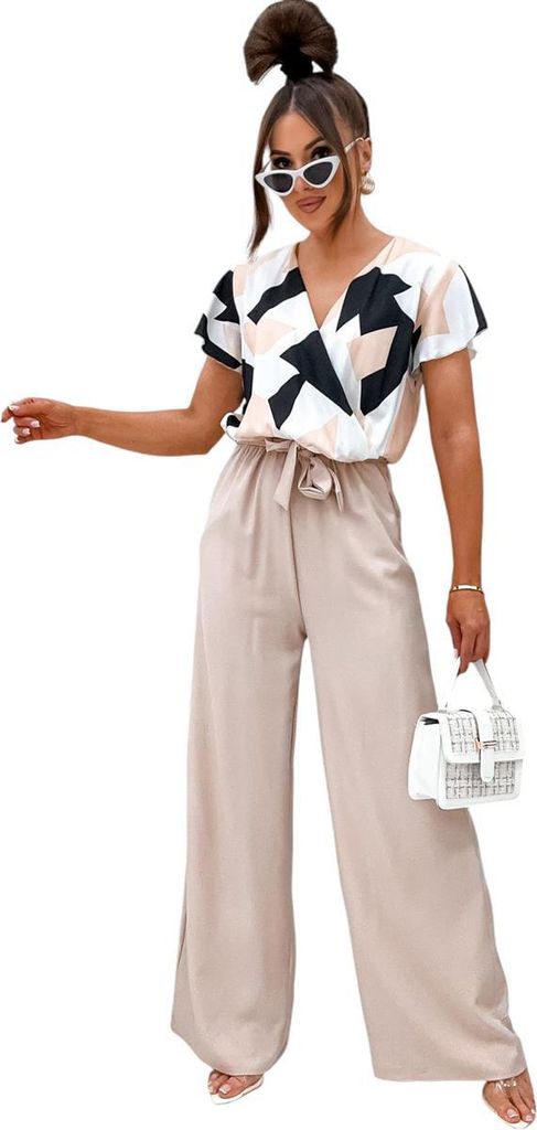 Damen Jumpsuit mit Wickeloberteil Overall Look Beige/XL/42