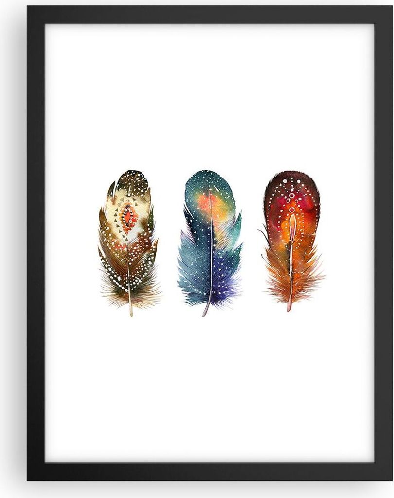 Gerahmtes Poster - Schwarzer Rahmen - Feder Vogel Farbe - 30x40 cm - Wand Bild - Wanddeko - Wandbilder - Kunstposter - Wandposter - Bilderrahmen - ...