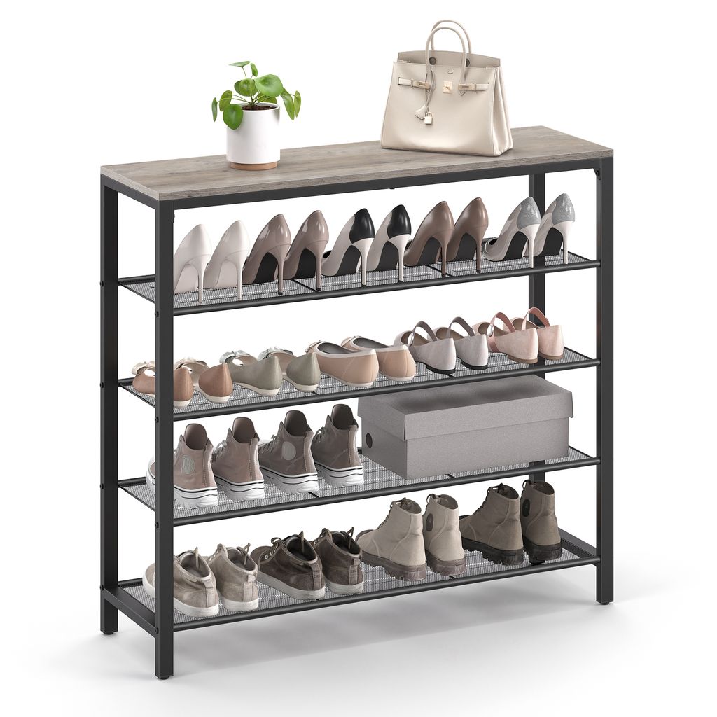 A multi-tiered shoe rack with various shoes and a handbag on top.