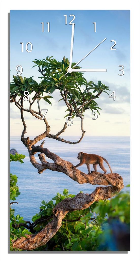 Wallario Design Wanduhr Affe auf Baum aus Echtglas, Größe 30 x 60 cm