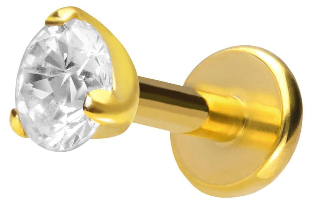 Ohrpiercing, Nasenpiercing Titan Labret mit Push Fit EINGEFASSTER KRISTALL Gold Stablänge: 6mm | Stabstärke: 1,2mm | Kristallgröße: 3mm