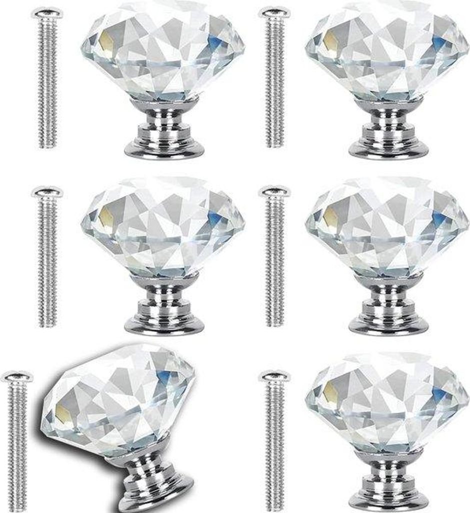 Kristallen knoppen für Schränke - Set von 6 Stücken - Durchsichtige Diamanten aus Glas - Chrombasis Waschmaschine