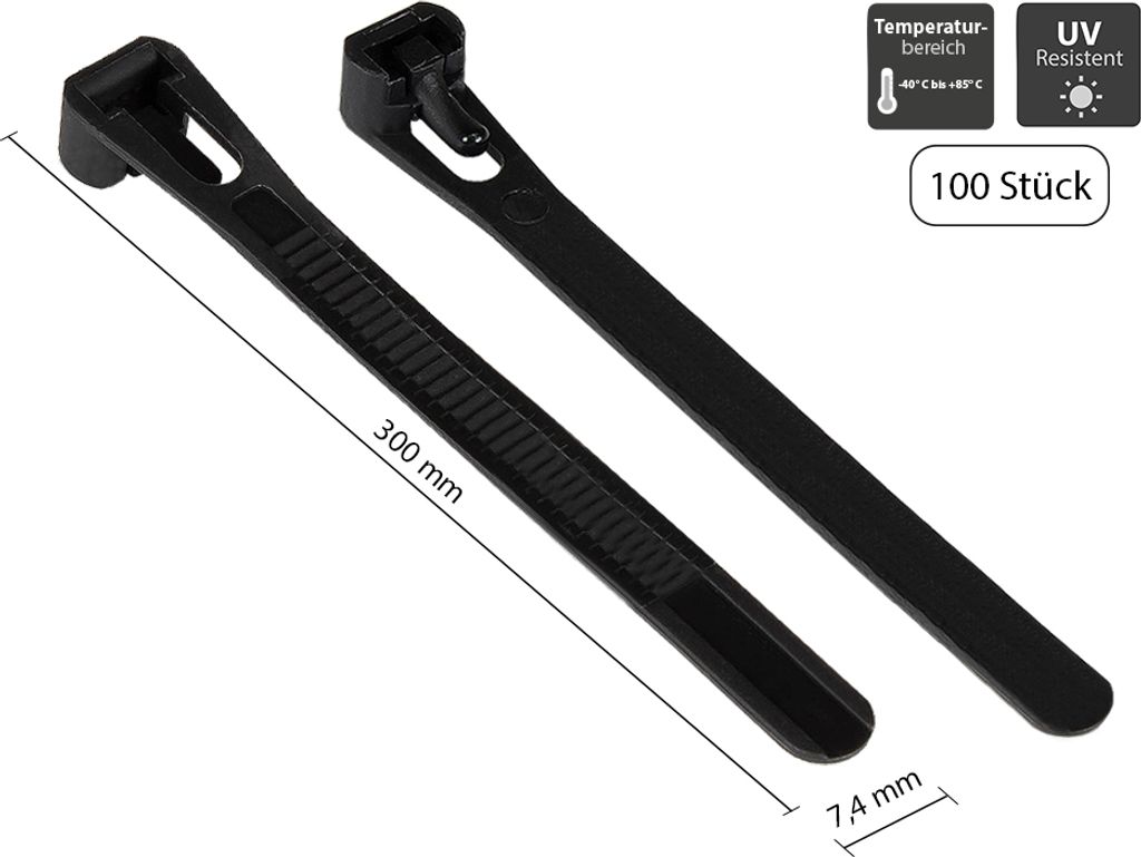 Wiederverwendbarer Kabelbinder 300 mm x 7,4 mm, schwarz, Produktbild 